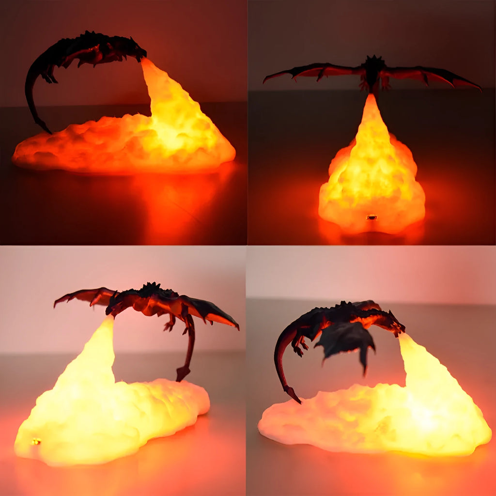 3D printed biodegradable PLA dragon LED night light with warm glow, rechargeable, blue and red colour options