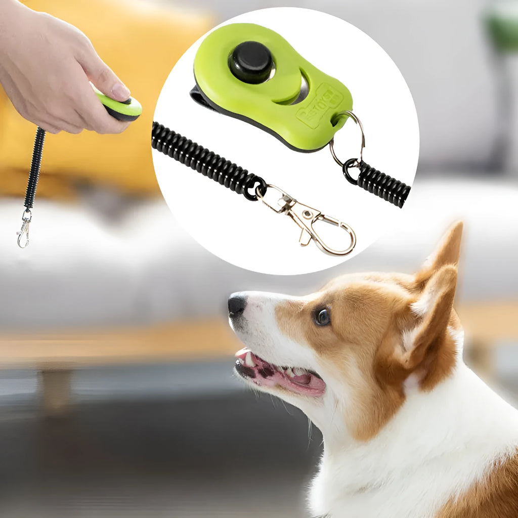 Plastic dog training clicker and whistle set in blue or green, whistle 10cm x 3.9cm, clicker 5.8cm x 3.8cm