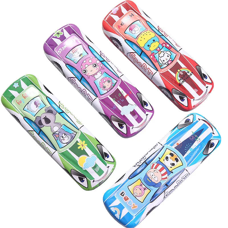 Tinplate racing car stationery box with cartoon patterns and double-layer design