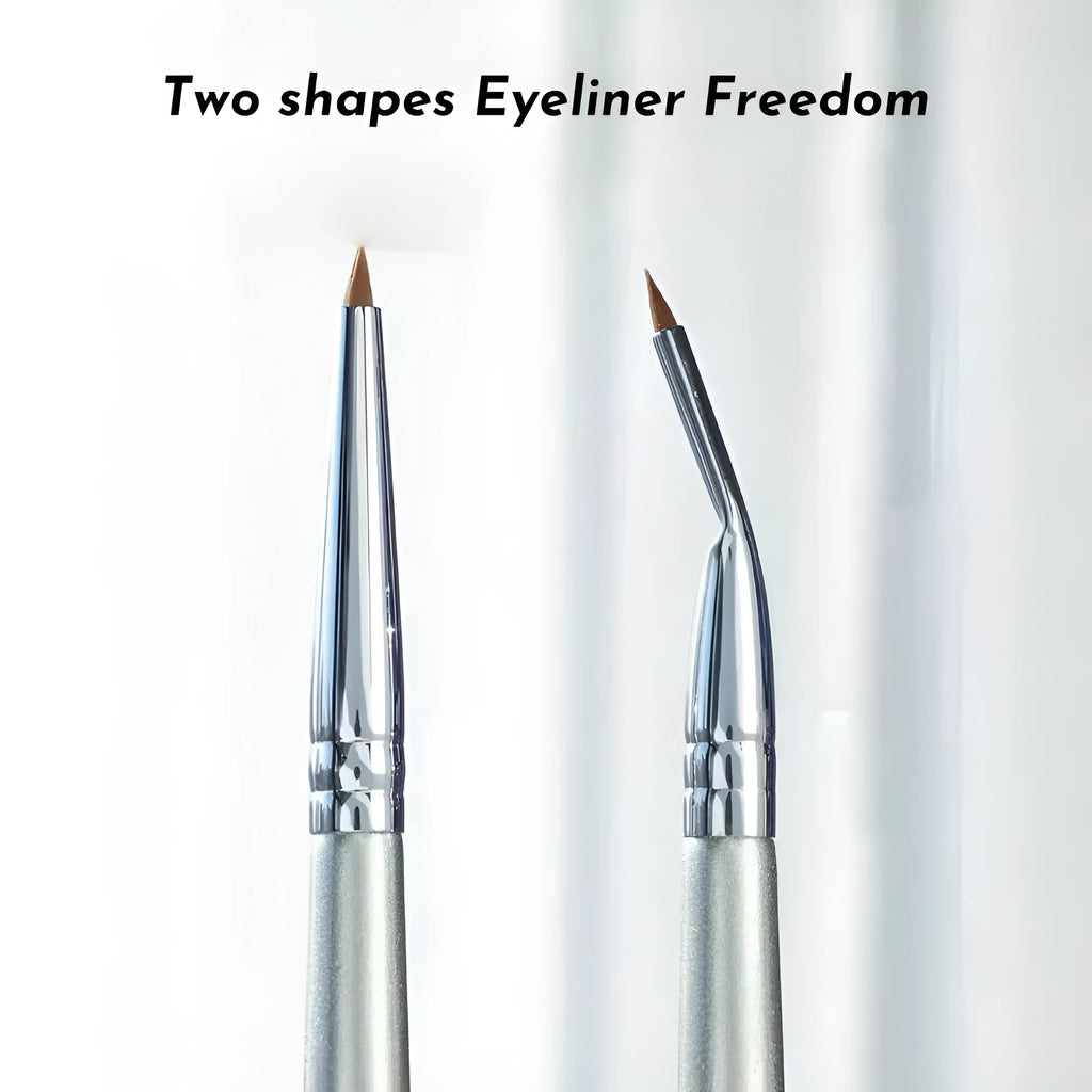 Close-up of a black angled eyeliner brush with a fine point, bent at 45 degrees for precise makeup application.