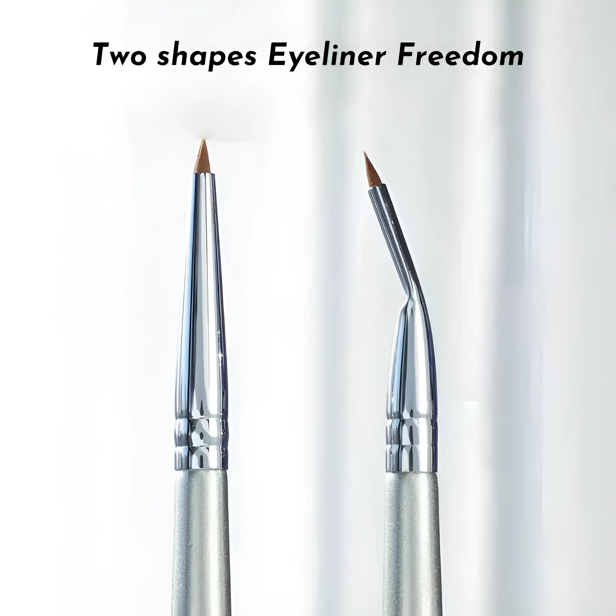Close-up of a black angled eyeliner brush with a fine point, bent at 45 degrees for precise makeup application.
