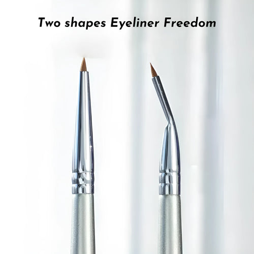 Close-up of a black angled eyeliner brush with a fine point, bent at 45 degrees for precise makeup application.