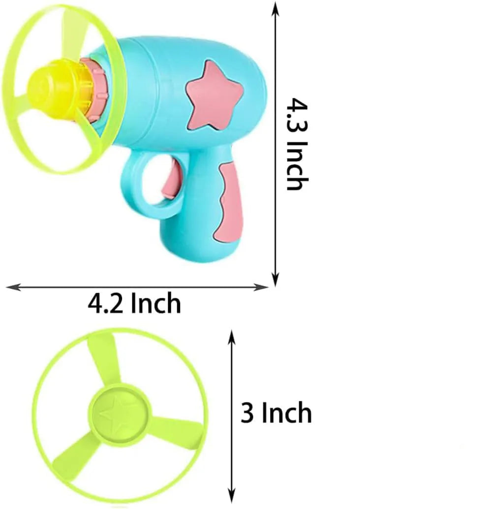 Blue plastic cat toy gun with spinning disc launcher for indoor feline entertainment