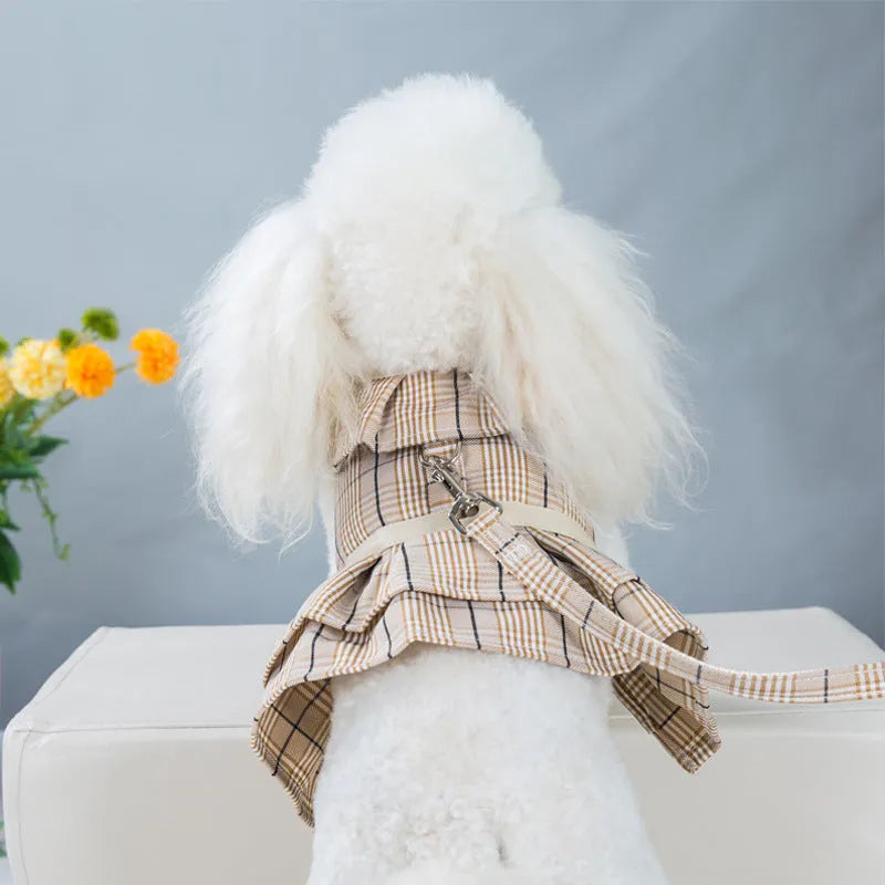 Pet walking vest with chest strap and hand holding rope in beige or purple polyester