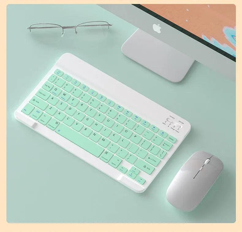 Wireless Bluetooth mouse with seven-colour backlight, USB plug and play, ABS body, 0.5 m cable, shown in black, green, pink, white, and yellow