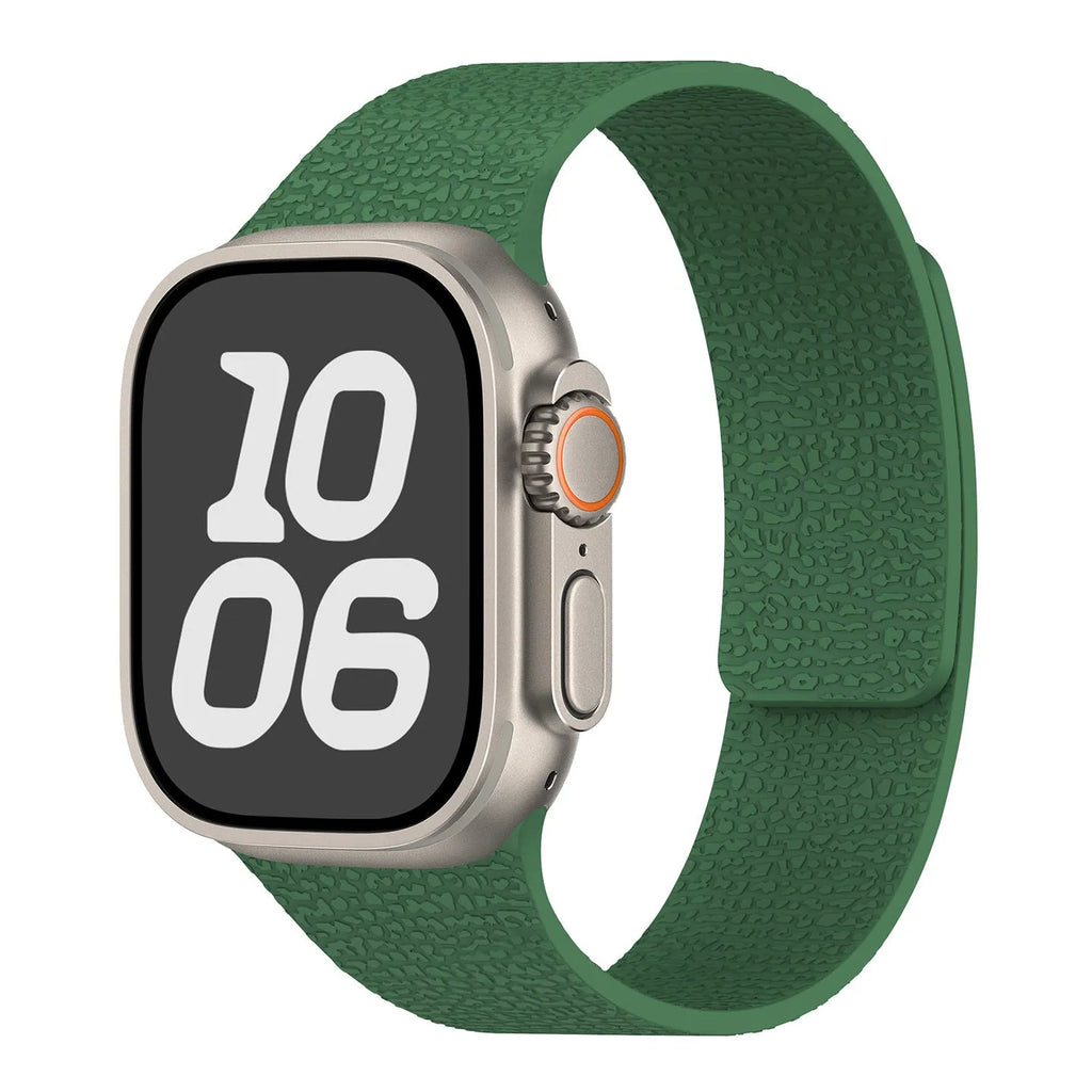 Magnetic silicone Apple Watch strap with litchi pattern, shown in orange, sizes 38-49mm