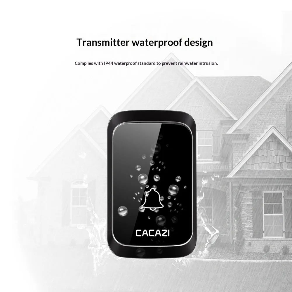 Wireless battery-powered DC doorbell with 300 metre range, waterproof transmitter, black or white, includes receiver