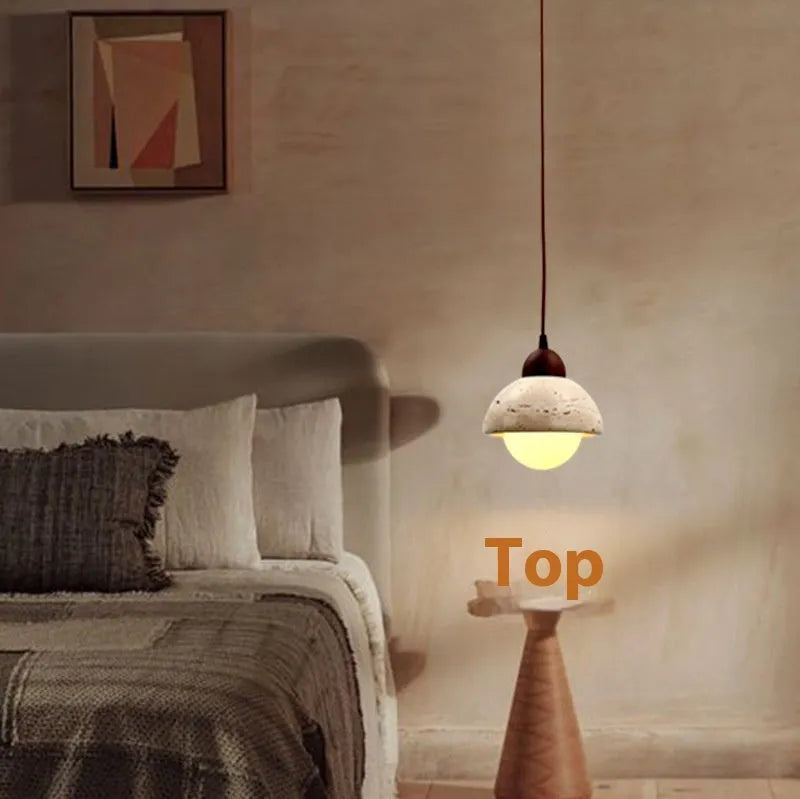 Cream style wabi sabi yellow cave stone pendant light with iron body and marble shade hanging from ceiling
