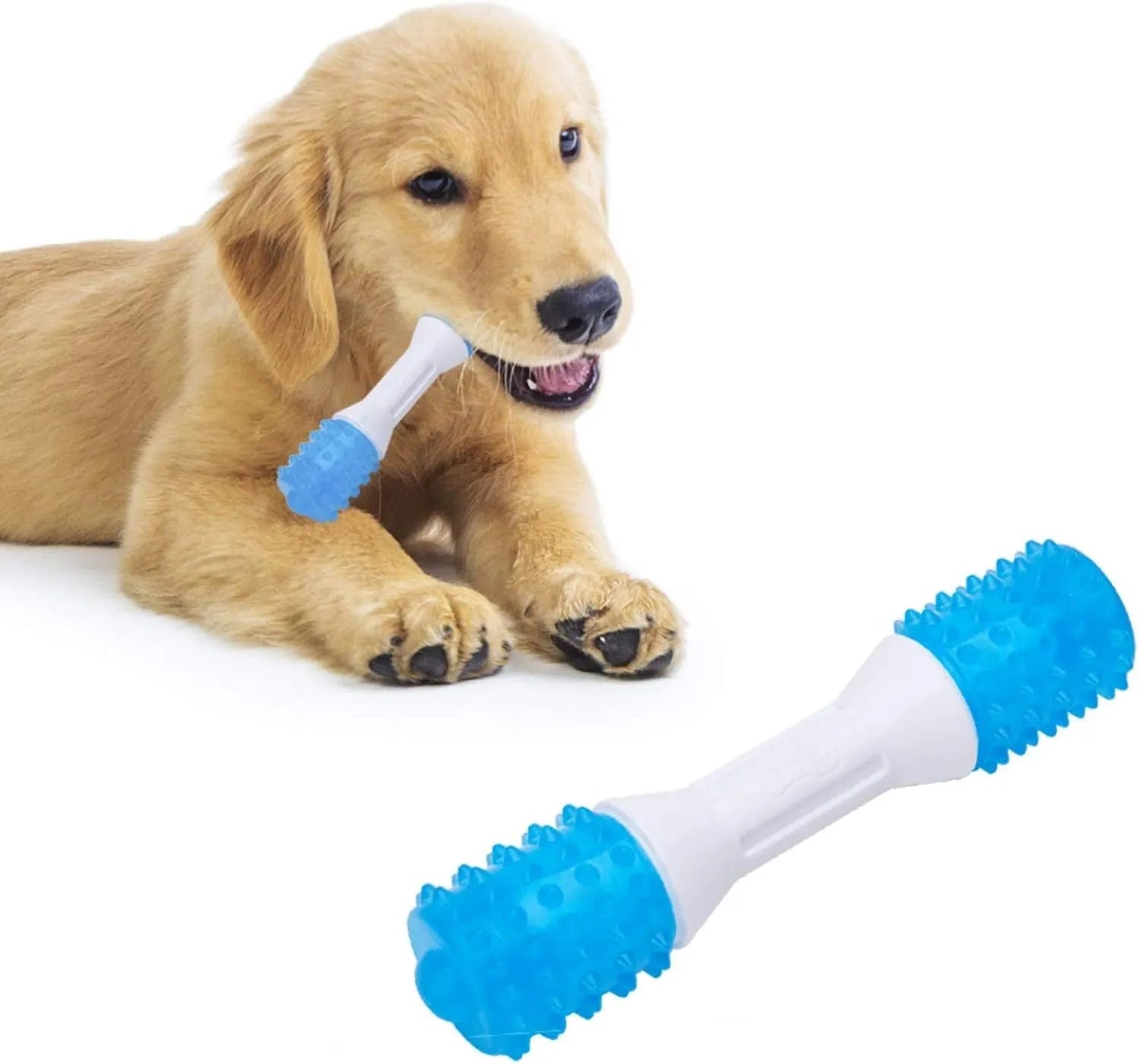 Dual-colour rubber puppy teething chew toy in small, medium, and large sizes for dogs.