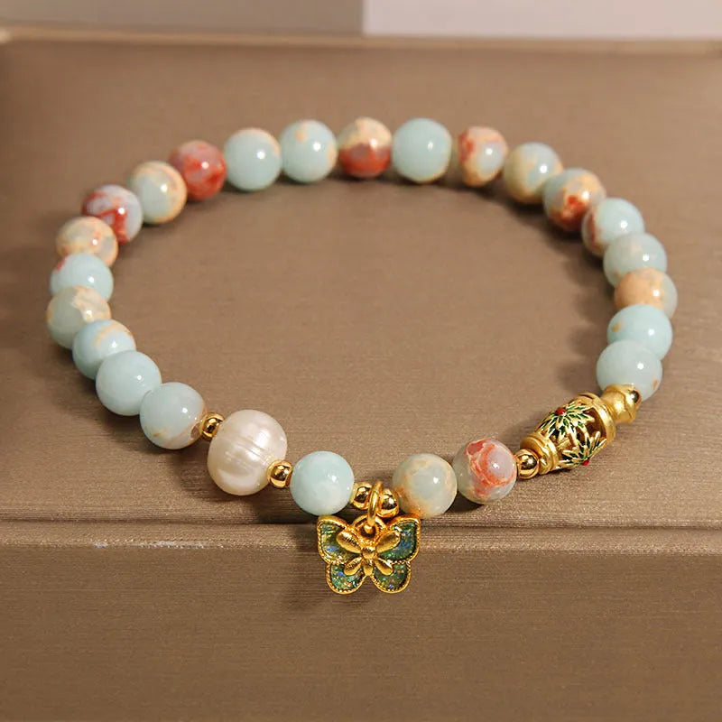 Blue freshwater pearl bracelet with Shoushan stone butterfly pendant for women
