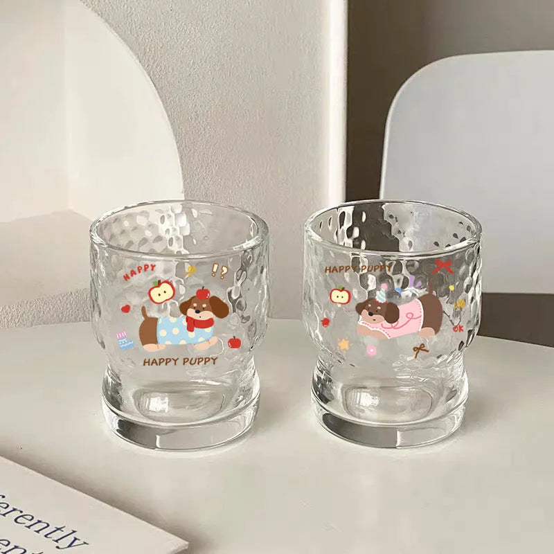 Soda lime glass cartoon milk cup with cute blue dog sticker design, 290ml, round shape