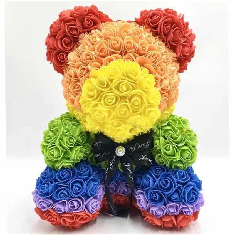 40cm handmade preserved flower bear with rainbow bow tie, seated, made of polyethylene foam