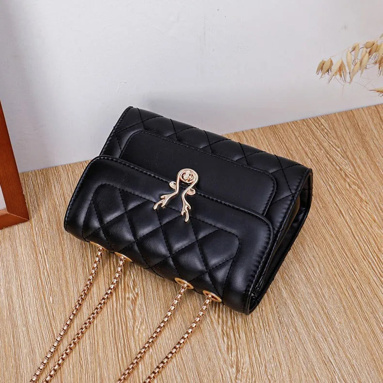 Summer Sheep Diamond Pattern PU Shoulder Bag, black and white, with chain strap and outer pocket.