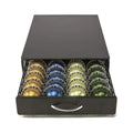 Black coffee capsule storage drawer with silver handle and rotary rack in 40x29x8.5cm size on countertop
