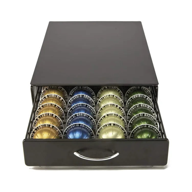 Black coffee capsule storage drawer with silver handle and rotary rack in 40x29x8.5cm size on countertop