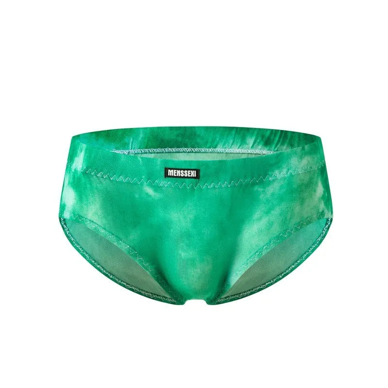 Men's low waist printed briefs in soft polyester, showing colour options including green, leopard print, and star print.