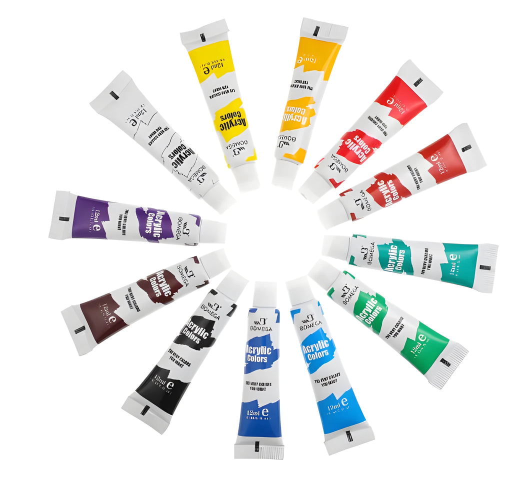 Multi-medium art pigment set showing 12-colour strips for acrylic, gouache, watercolour, oil, glass and textile painting