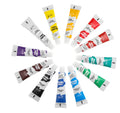 Multi-medium art pigment set showing 12-colour strips for acrylic, gouache, watercolour, oil, glass and textile painting