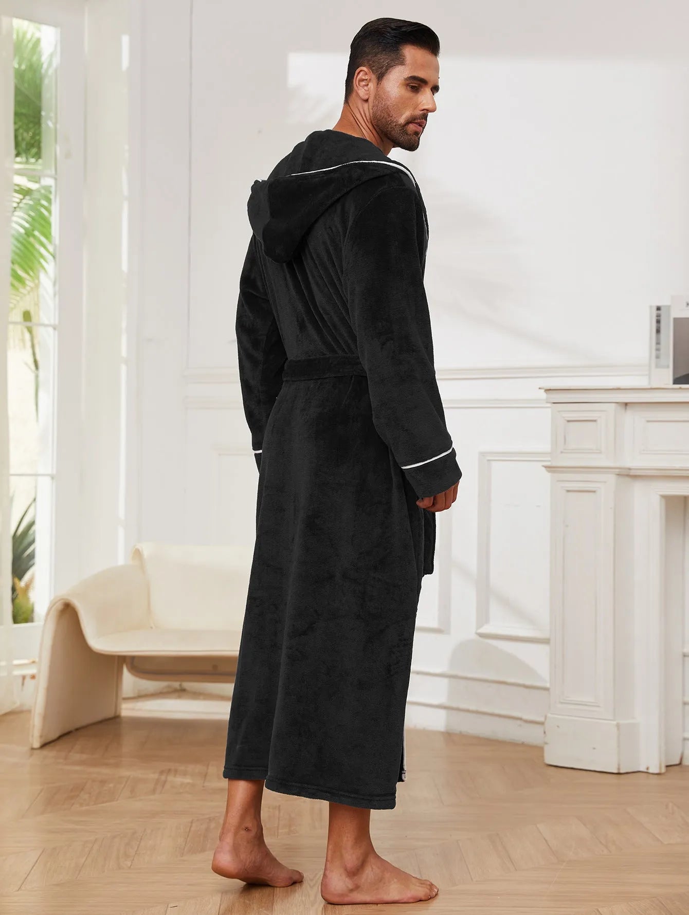 Men's flannel bathrobe in European style with polyester fabric, shown in available colours