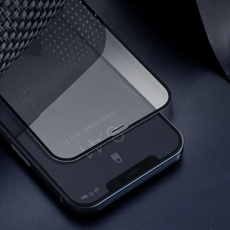 0.23mm curved tempered glass film for iPhone 12 mini in solid black, with non-broken edge and full-screen coverage.