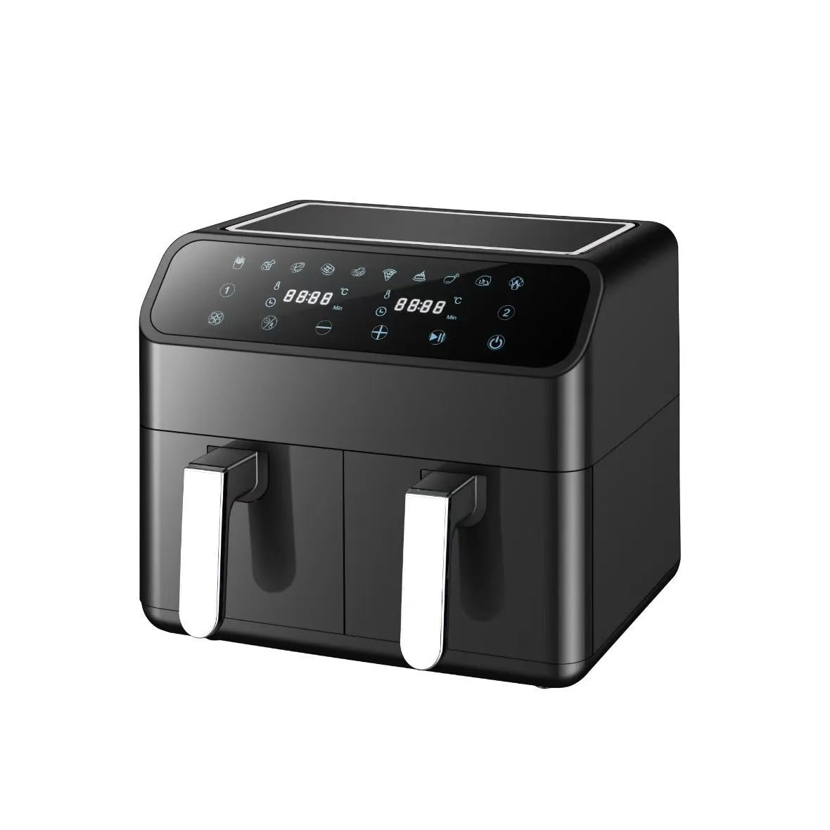 Household 8L double pot air fryer in stainless steel with two 4-litre compartments and touch screen control
