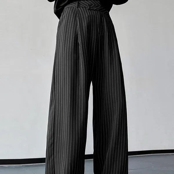 Men's black vertical striped pleated casual trousers showing front and side views