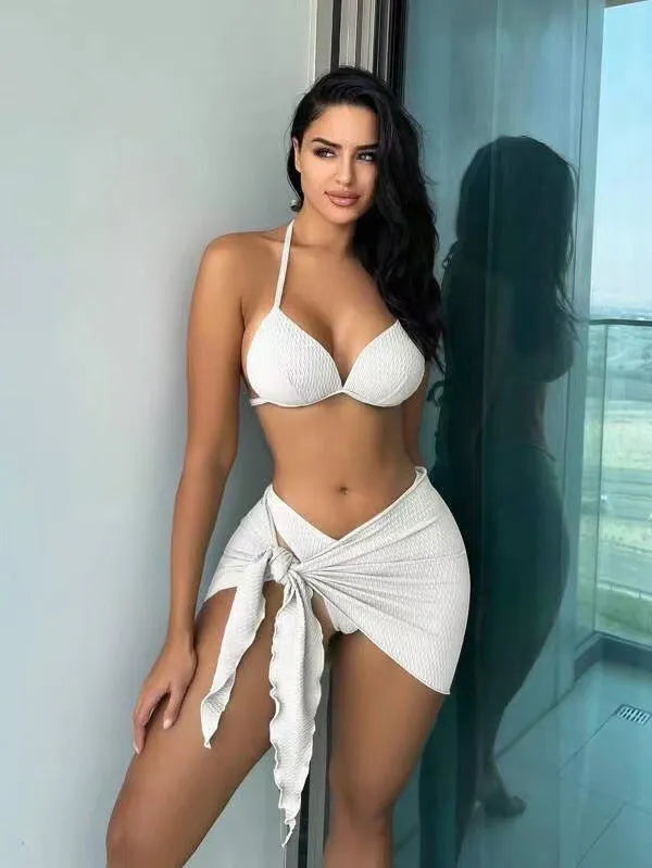 Women's three piece swimsuit set with Russian split style and matching skirt in solid colour