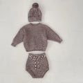 Infant baby girl dark brown cotton three-piece set with blouse, shorts and fur ball knitted hat