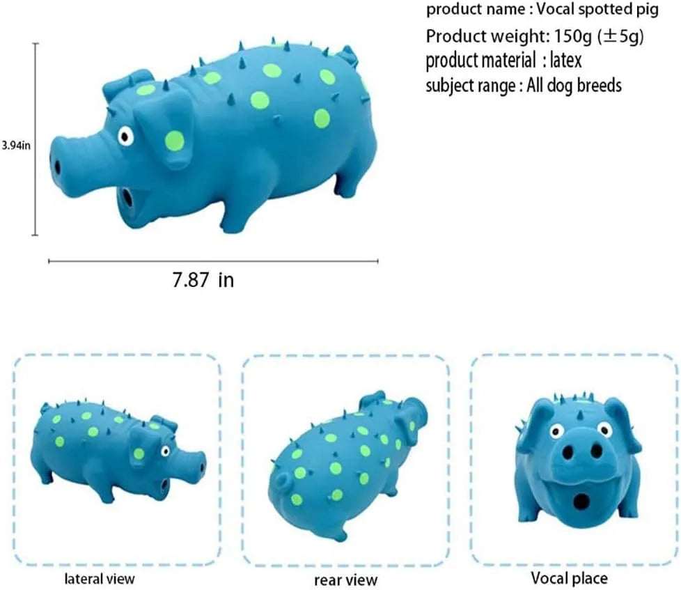 Blue latex pig-shaped squeaky dog chew toy on a white background.