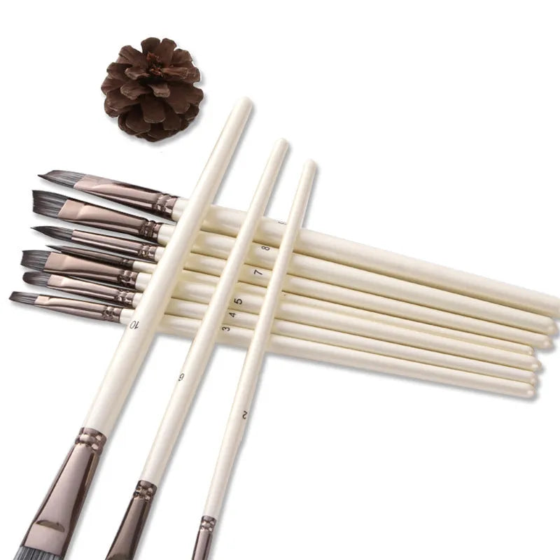 10 pearl white nylon oil painting brushes with wooden handles in PVC bag