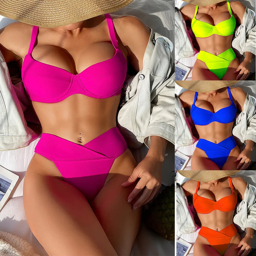 Women's solid colour bikini swimsuit in briefs style for swimming.