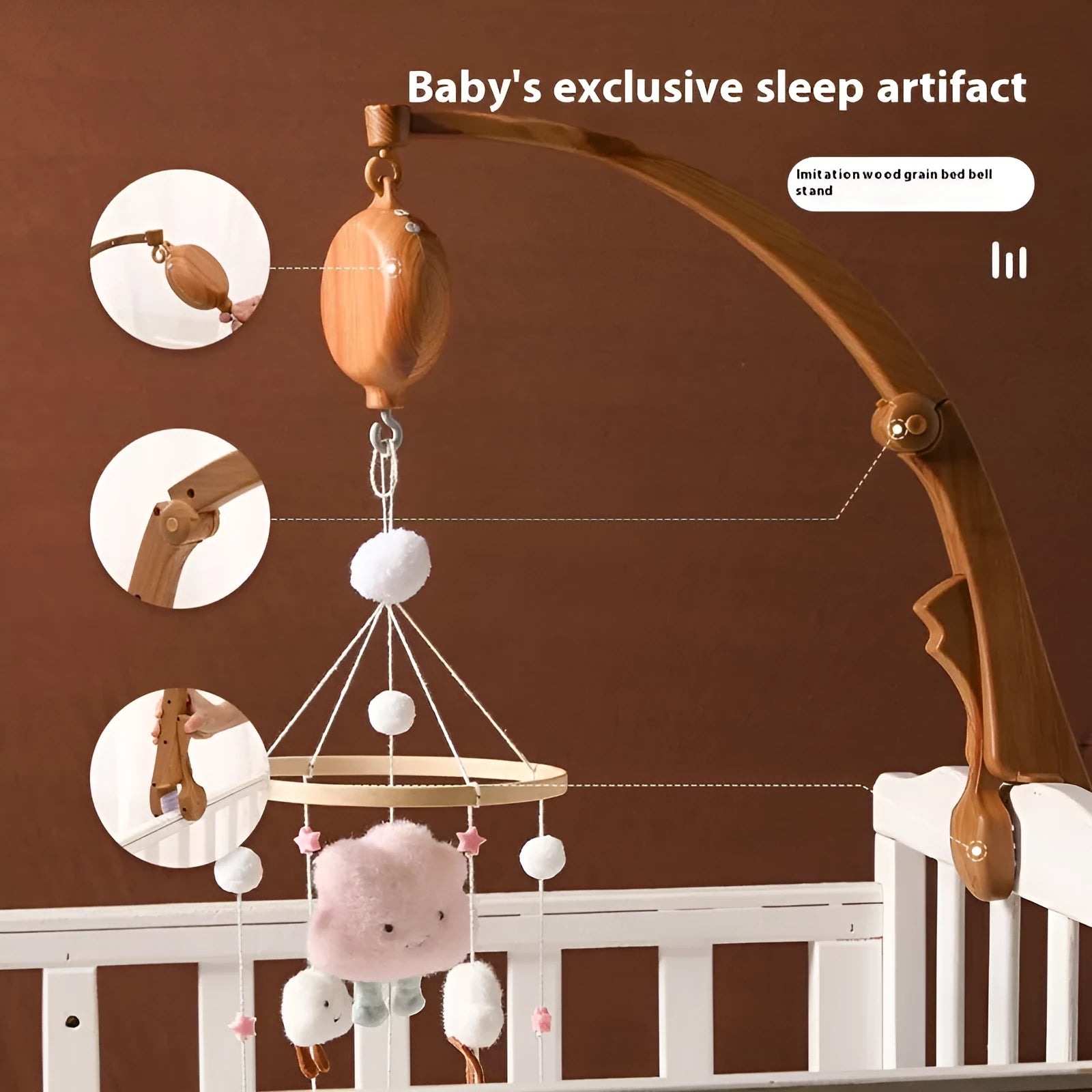 Newborn wood grain bracket music box bed bell with foldable stand for infant coordination
