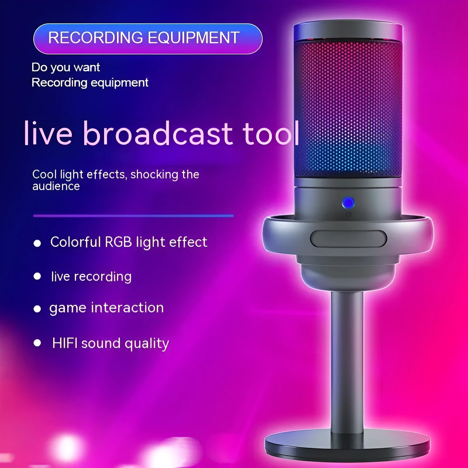 RGB condenser USB microphone in black, white, or pink with 150cm cable for computer recording