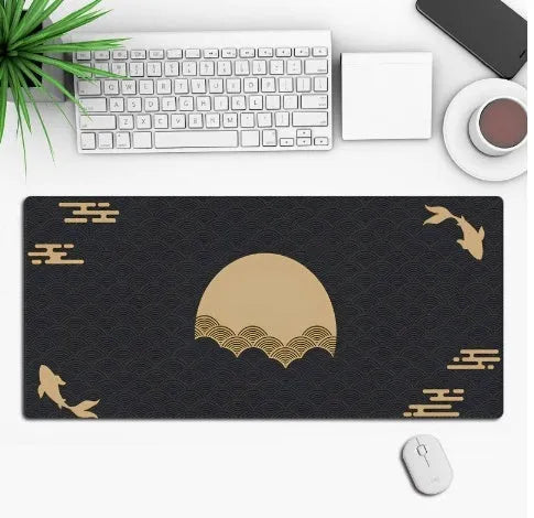 Large black anime-themed gaming mouse pad with non-slip rubber base on a wooden desk.
