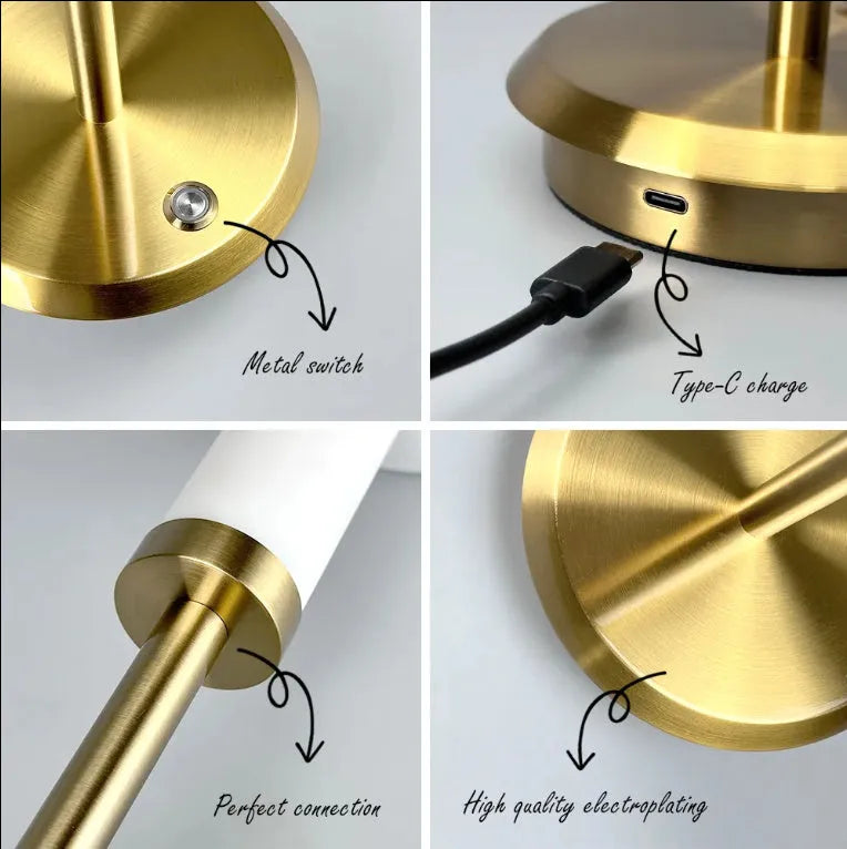 Gold alloy desk lamp with 3W LED light head and Type-C charging port on a wooden desk
