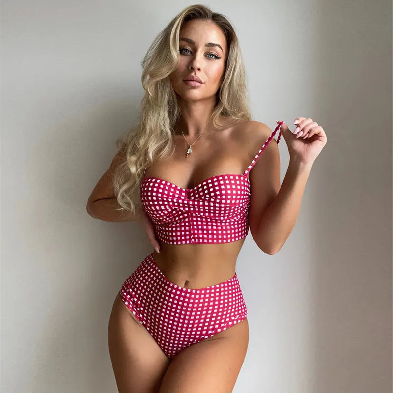 Women's plaid bikini swimsuit with high-waisted briefs in rose red, black, blue, and sky blue colour options