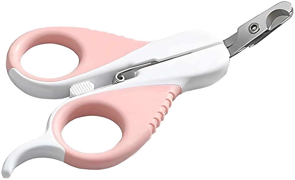 Grey and pink cat nail clippers with angled blade design and safety lock for small pet grooming