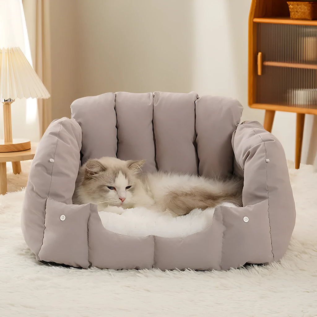 Grey arched cat bed transformed from enclosed nest to open sofa configuration for cats and small dogs