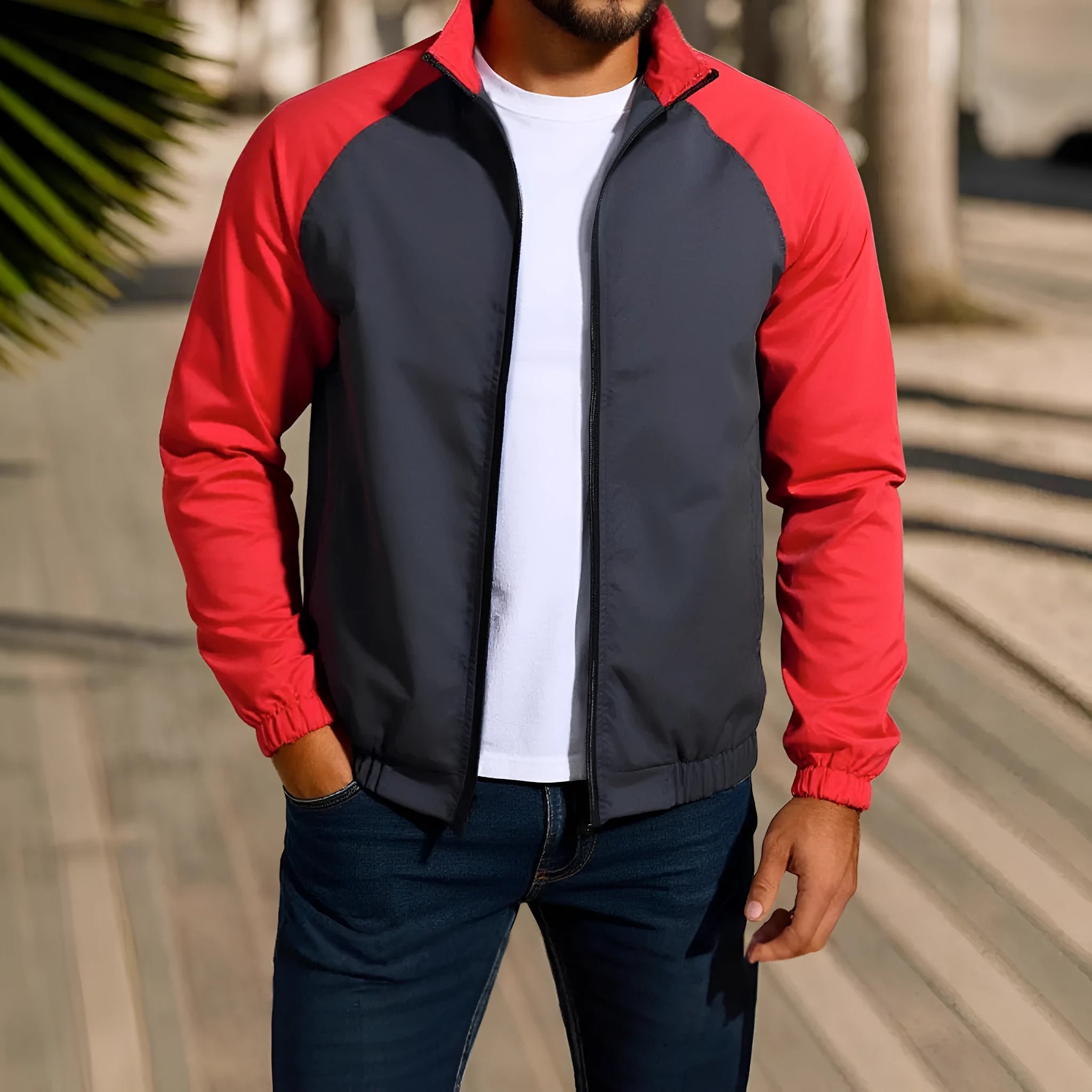 Men's casual coat jacket with stand collar and raglan sleeves in polyester blend fabric