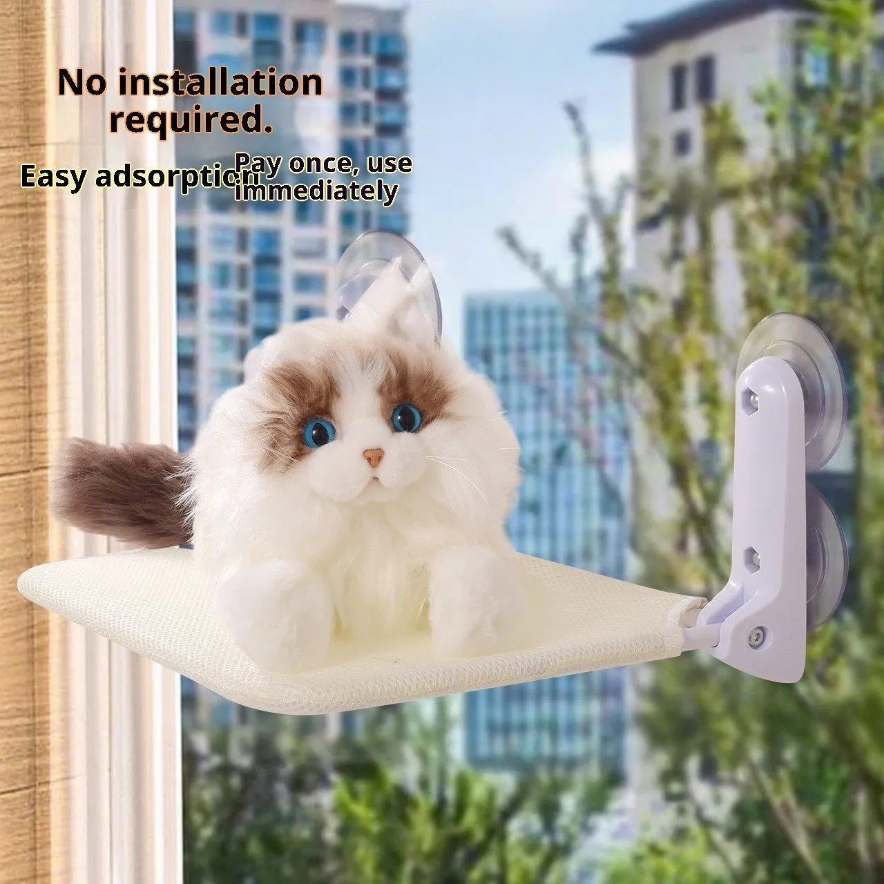 Cat hammock window suction cup hanging perch with mesh washable cover in beige or gray