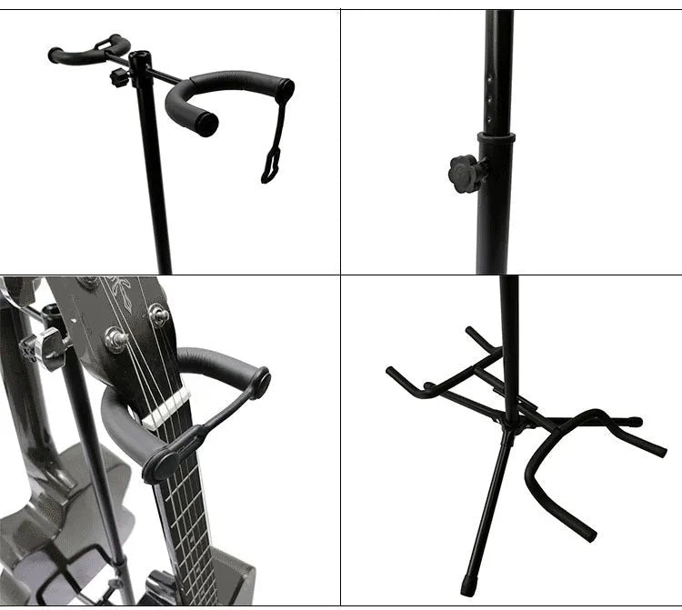 Black iron vertical double-headed guitar stand holding two guitars