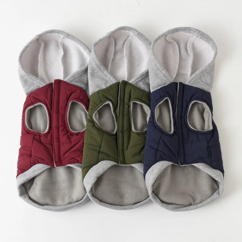 Cotton fleece windproof dog jacket in blue, green, wine red, sizes M to 3XL