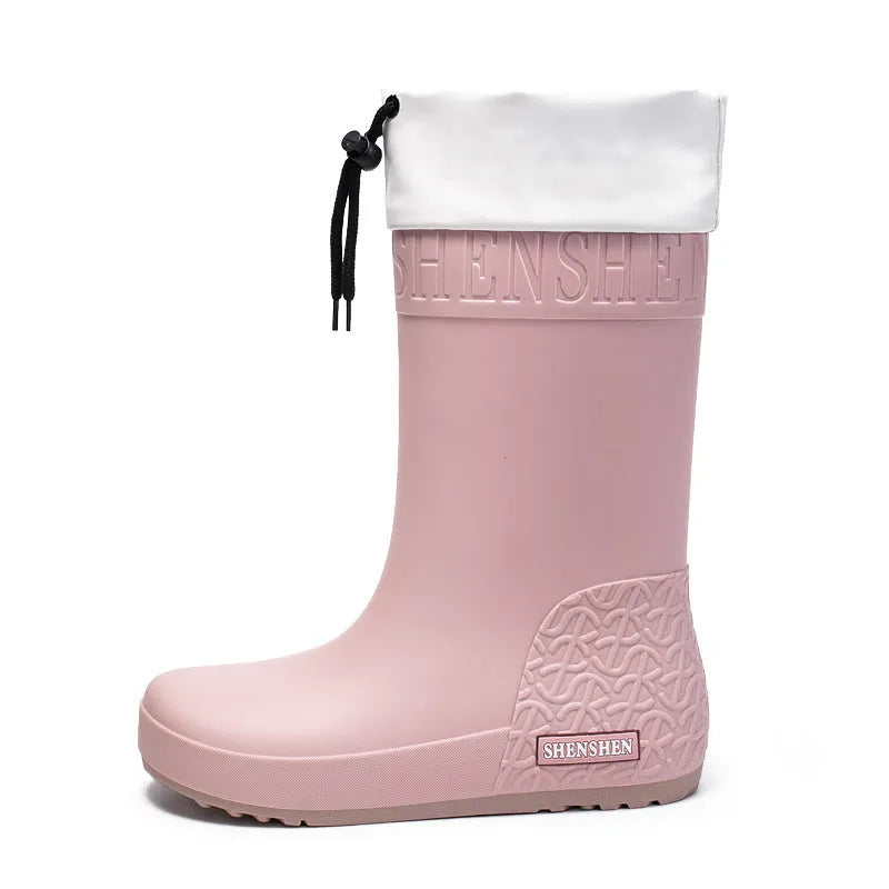 Women's solid colour PVC rain boots in apricot, black, brown, or pink with non-slip wear-resistant design