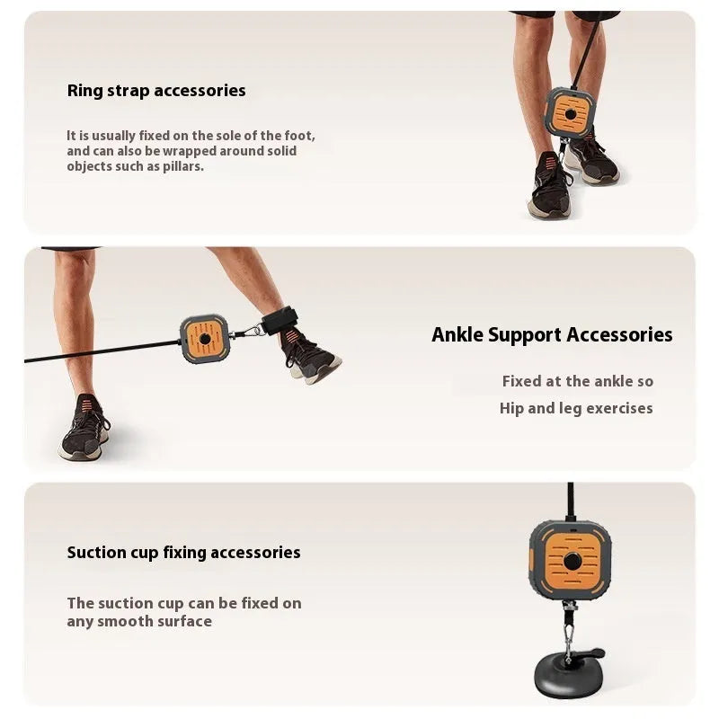 Navy blue and orange adjustable hydraulic chest expander pump on grey floor, showing ergonomic handles.