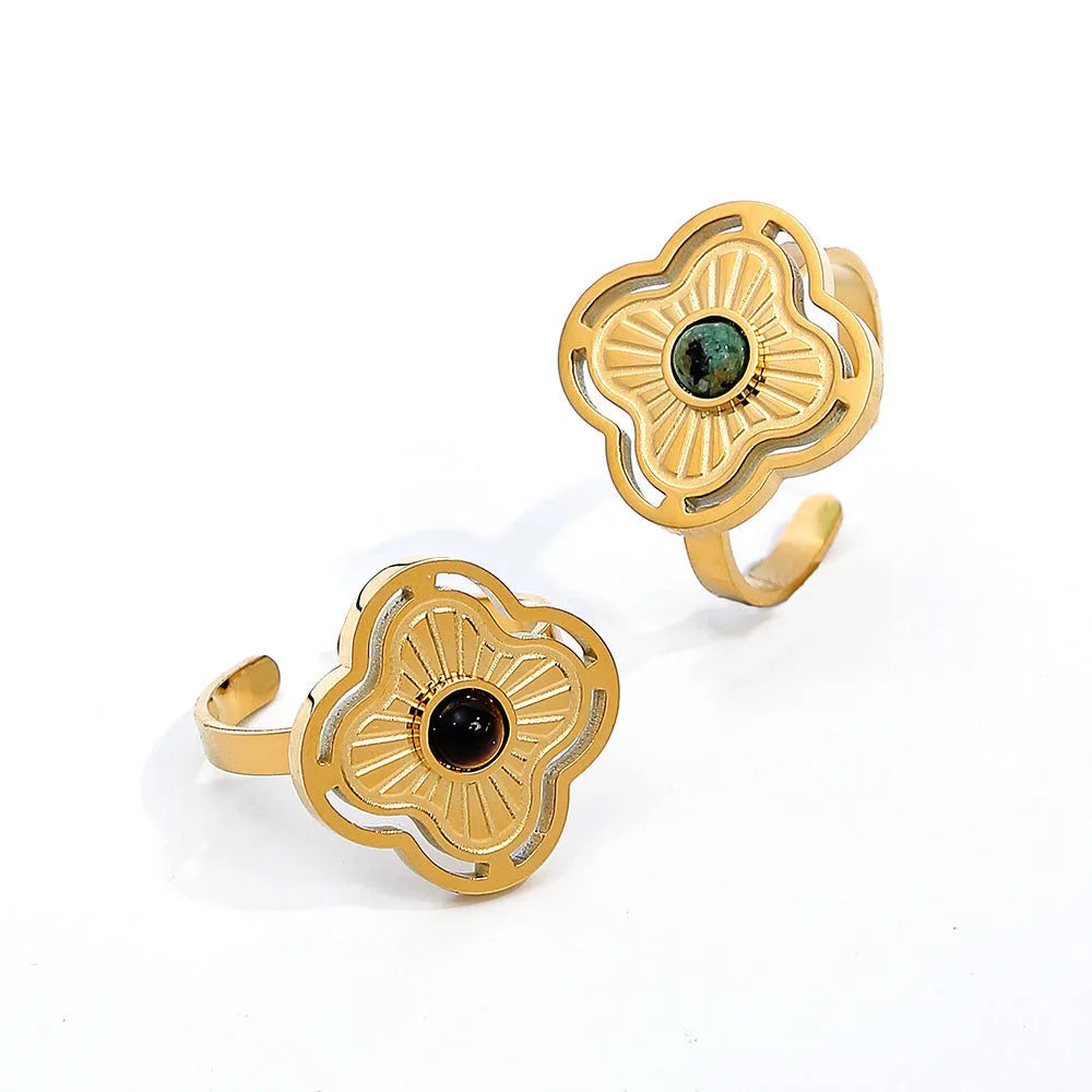 Natural stone tiger-shaped stone opening ring with 18K gold plating on titanium steel for women
