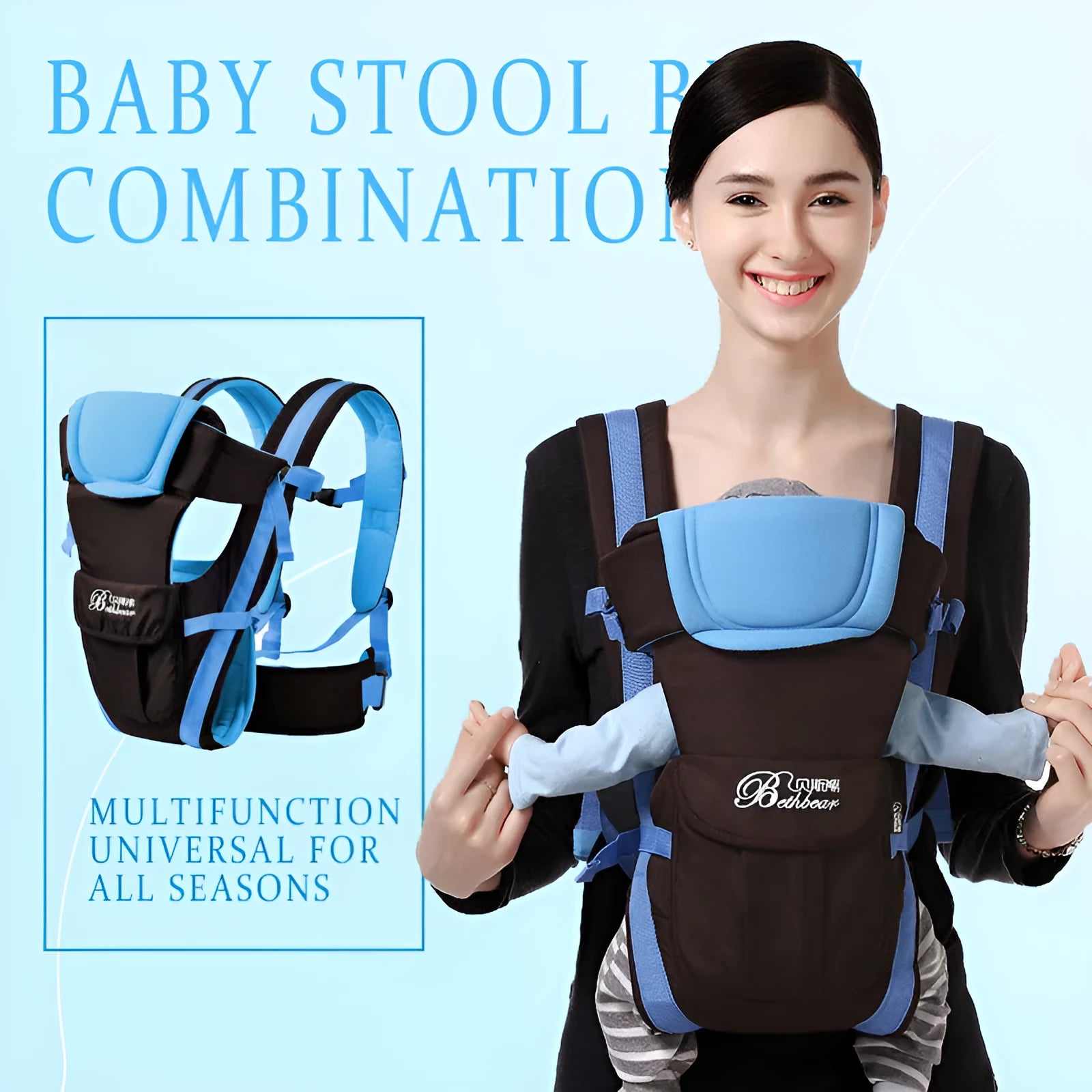 Four Seasons baby carrier sling in polyester-cotton fabric showing multiple carrying positions