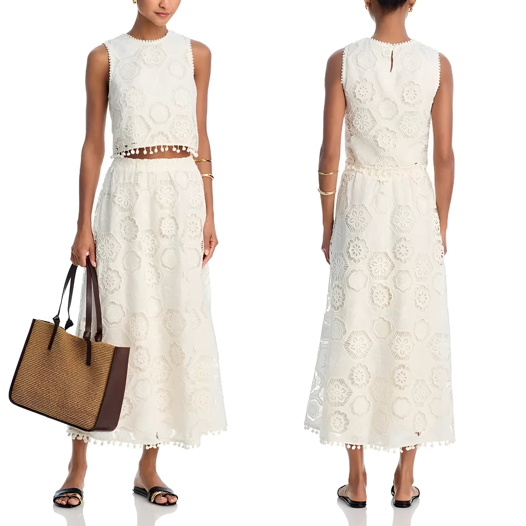 Literary Trends white women's suit set with sleeveless top and embroidered long skirt on a hanger.