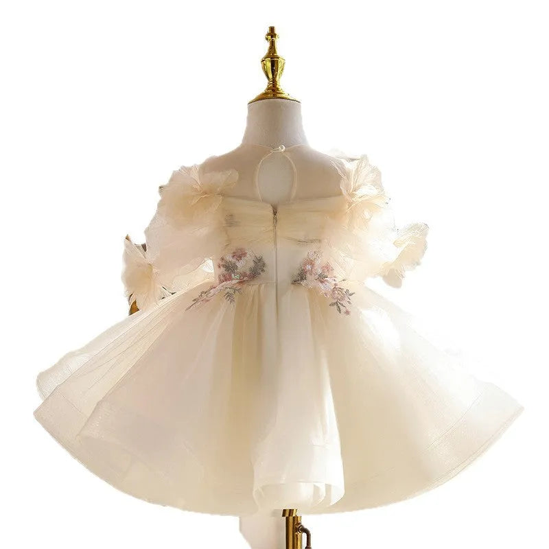 Girls' light champagne princess dress for birthday and performance, height sizes 80cm to 150cm, polyester lining and main fabric