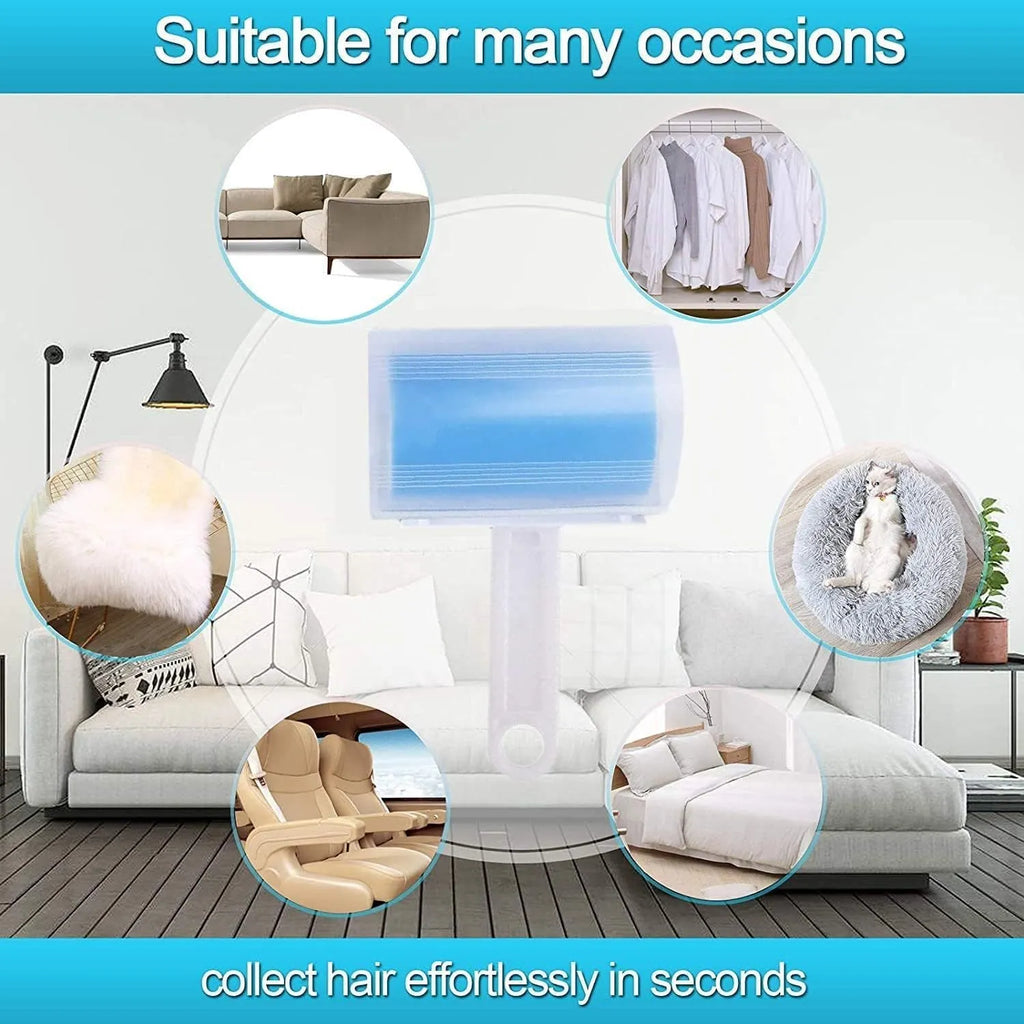 Blue reusable washable lint roller with cover for removing pet hair from clothes.