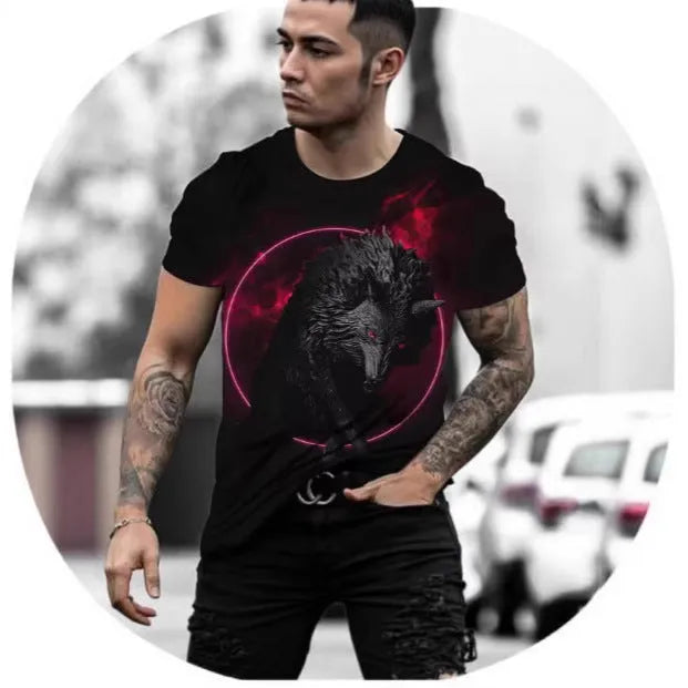 Men's retro 3D animal print T-shirt in bird eye polyester fabric with short sleeves